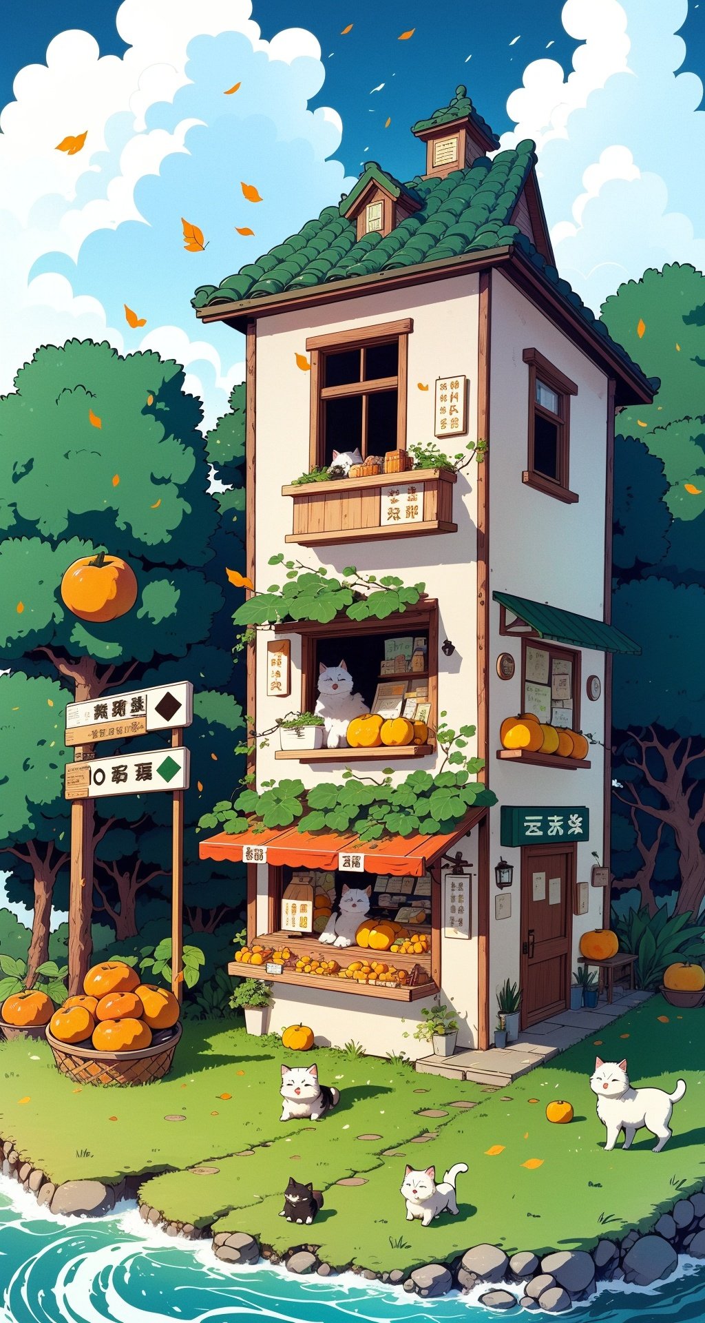 Shampoo, featuring a store, grocery store, unique Yokai illustrations, trees, vines, persimmons, rivers, moss, stools, clouds, fallen leaves, sunshades, detailed character design, cute cats, double decker buildings, road signs, and vertical paintings