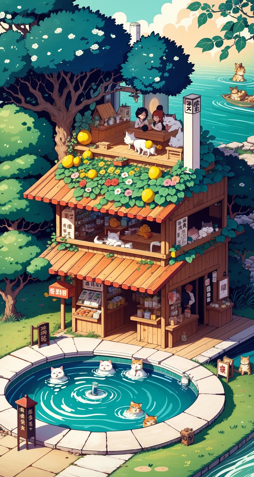 (Masterpiece),(Best Quality),highres,Beverage advertising, featuring a store, grocery store, unique yokai illustrations, flowers, vines, lemons, water, swimming pool, swimming circle, sunshade umbrella, detailed character design, cute cats, double story buildings, road signs, and vertical paintings