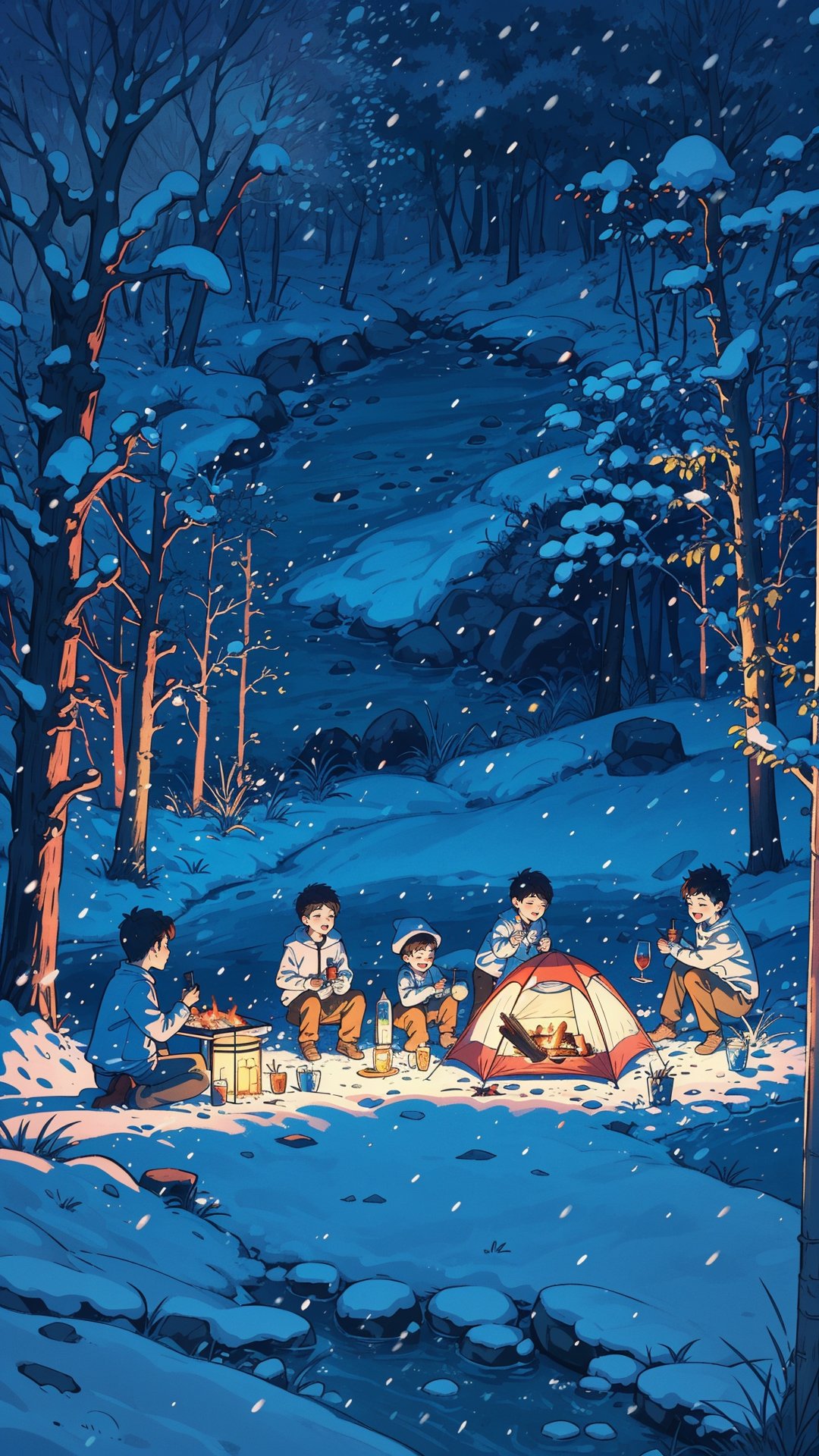 (5 boys watching and playing with each other), whole body (Laurie: 1.2), camping, picnicking, barbecue, barbecue, winter, snow, night, children's illustrations, masterpiece, best quality,