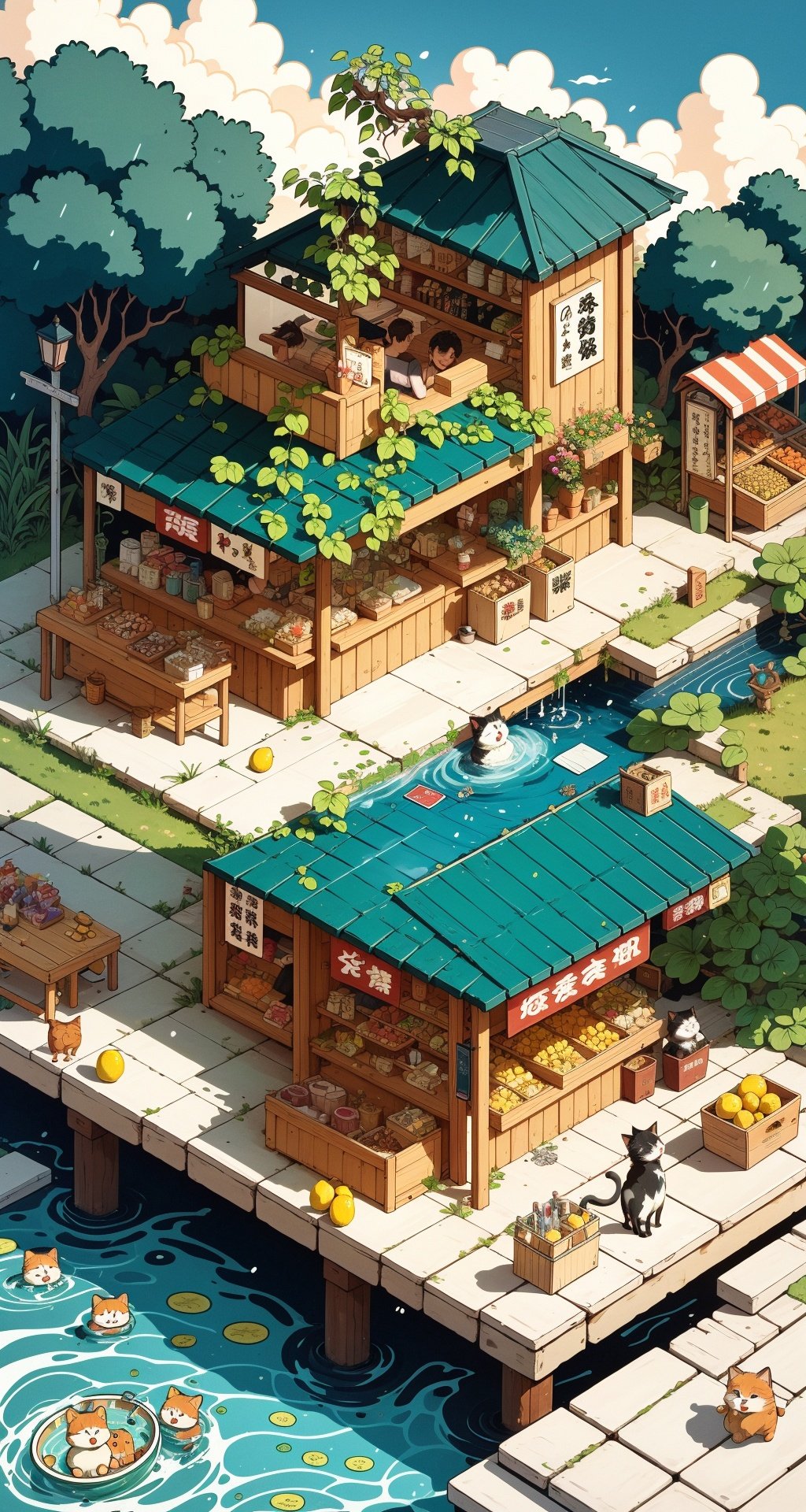 (Masterpiece),(Best Quality),highres,Beverage advertising, featuring a store, grocery store, unique yokai illustrations, flowers, vines, lemons, water, swimming pool, swimming circle, sunshade umbrella, detailed character design, cute cats, double story buildings, road signs, and vertical paintings