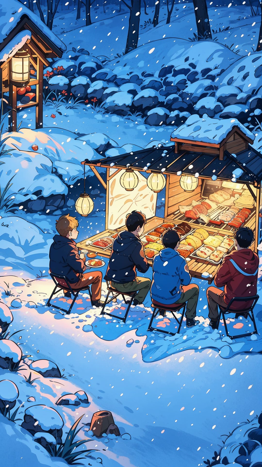 (5 boys watching and playing with each other), whole body (Laurie: 1.2), camping, picnicking, barbecue, barbecue, winter, snow, night, children's illustrations, masterpiece, best quality,
