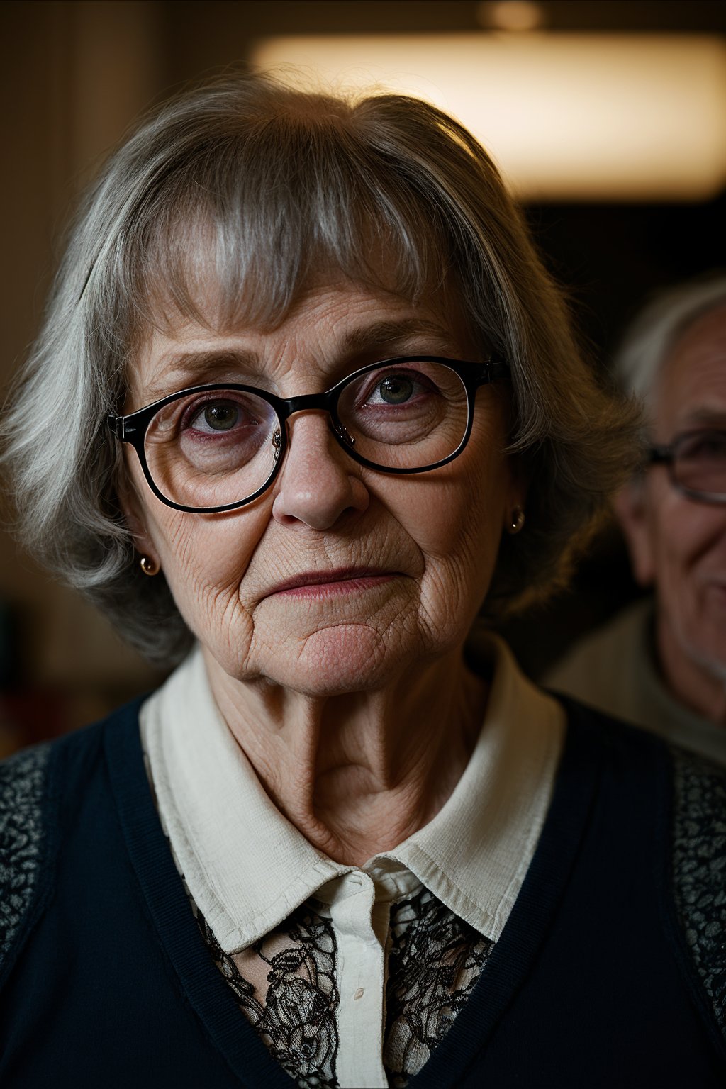 photo, portrait of old people, glasses, dimly lit, harsh camera
