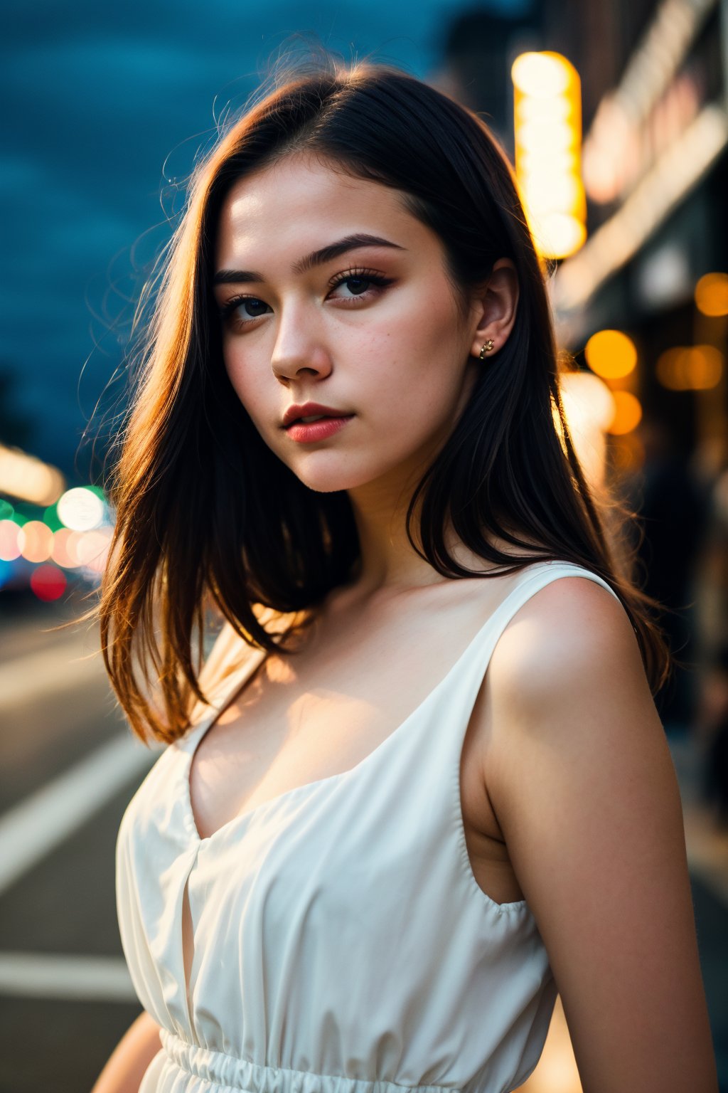 instagram photo, closeup face photo of 18 y.o swedish woman in dress, beautiful face, makeup, night city street, bokeh, motion blur
,High detailed 