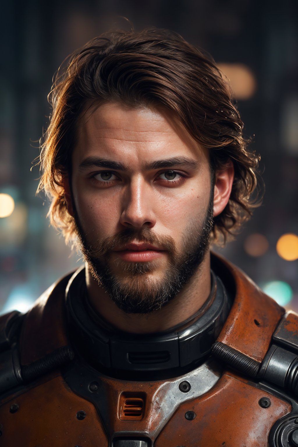 close up Portrait photo of muscular bearded guy in a worn mech suit, ((light bokeh)), intricate, (steel metal [rust]), elegant, sharp focus, photo by greg rutkowski, soft lighting, vibrant colors, masterpiece, ((streets)), detailed face
