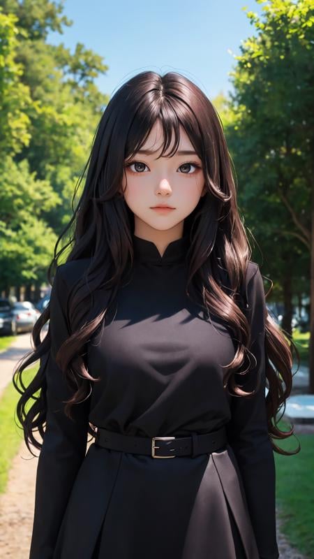 (Long hair with natural waves), (character on front), outdoors, dark hair, dark eyes, lady, masterpiece, best quality, looking at viewer,day, black theme,