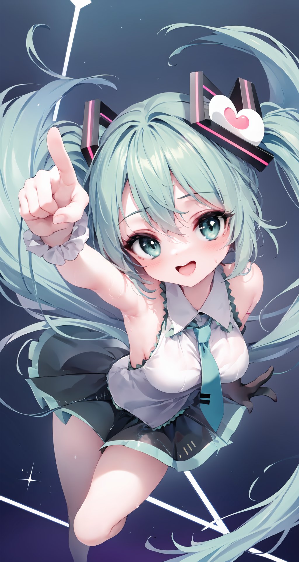 (1girl, solo), (face, close-up, eye focus:1.2), (sideboob:0.5), (wide shot:-1), medium breasts, slender, eyelashes, laughing, arm up, outstretched arm, foreshortening, jumping, floating, skirt, legs, spotlight, stage, (hatsune miku:1.2), armpit, sweat, sparkling sweat, very_sweaty, (from above, looking up, dutch angle), (straight-on, full body:-0.4), (pointing_at_viewer:1.3)