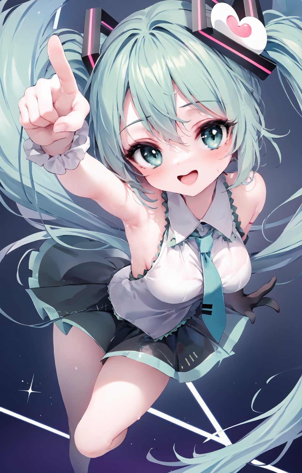 (1girl, solo), (face, close-up, eye focus:1.2), (sideboob:0.5), (wide shot:-1), medium breasts, slender, eyelashes, laughing, arm up, outstretched arm, foreshortening, jumping, floating, skirt, legs, spotlight, stage, (hatsune miku:1.2), armpit, sweat, sparkling sweat, very_sweaty, (from above, looking up, dutch angle), (straight-on, full body:-0.4), (pointing_at_viewer:1.3)