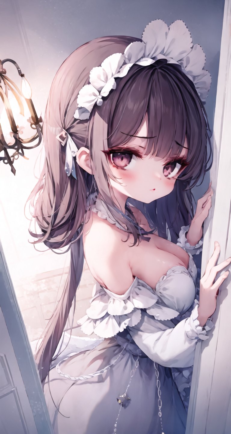 (chibi, child, nsfw:-1.1), (eye focus, face, close-up:0.7), 1girl, solo, slender, maid, mature eyeliner, eyelashes, closed mouth, from side, tsurime, window, hallway, (vanishing point:1.3), chandelier, (door:0.6), wide shot, Upturned eyes, hair intakes, dutch angle, nape, looking back, marble