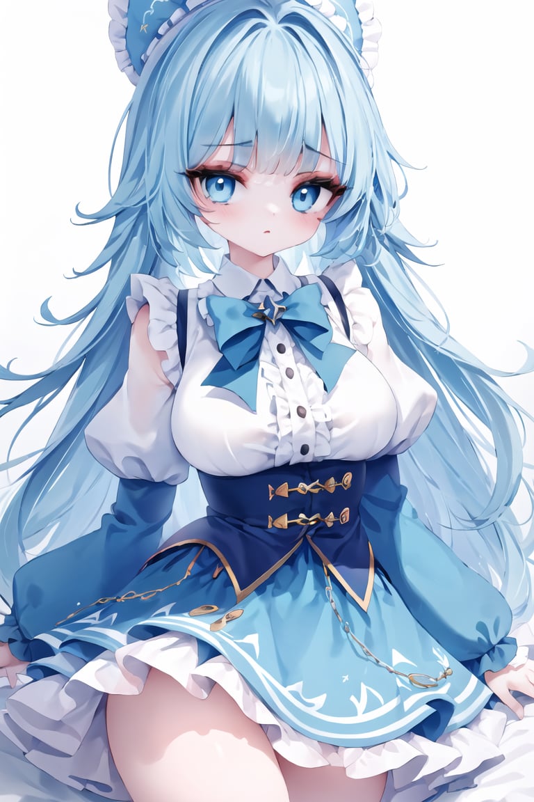 1girl, (eyelashes, eyeliner), slender, ndirndl, uniform, underbust, large breasts, bow, boob, (expressionless), frills, (legs:0.5), high_heel, buttons, (blue,white theme:1.3), (multicolored, gradient:1.3), maid,