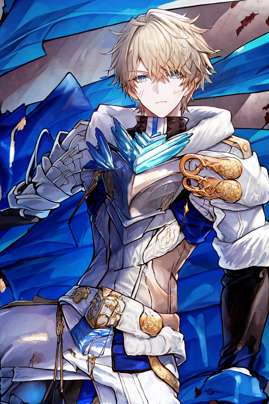 1boy, ((masterpiece)),blonde_hair, (aqua_eyes),(blue_eyes),open mouth, hair_between_eyes, blurry foreground,bound,bruise,breastplate,(fur_trim),blue cloak,(((solo))),(muscular male),flipped hair,long sleeves,looking at viewer,male focus,mouth hold,navel,(open clothes), pants,solo,(standing),(Eachcolorblockisclearlydistinguished:1.1),city_lights,lamp,lapels,god rays