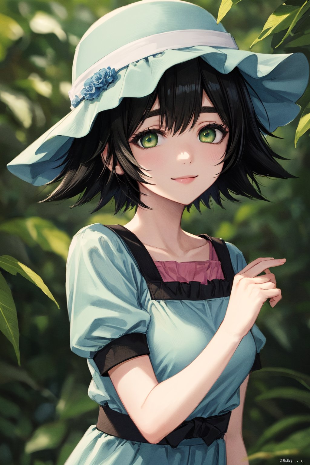 mayuri shiina, (black hair:1.5), (green eyes:1.5), messy hair, short hair, hat, blue hat, (best quality, masterpiece, RAW photo,ultra-detailed:1.2),1girl,solo,looking at viewer,smile