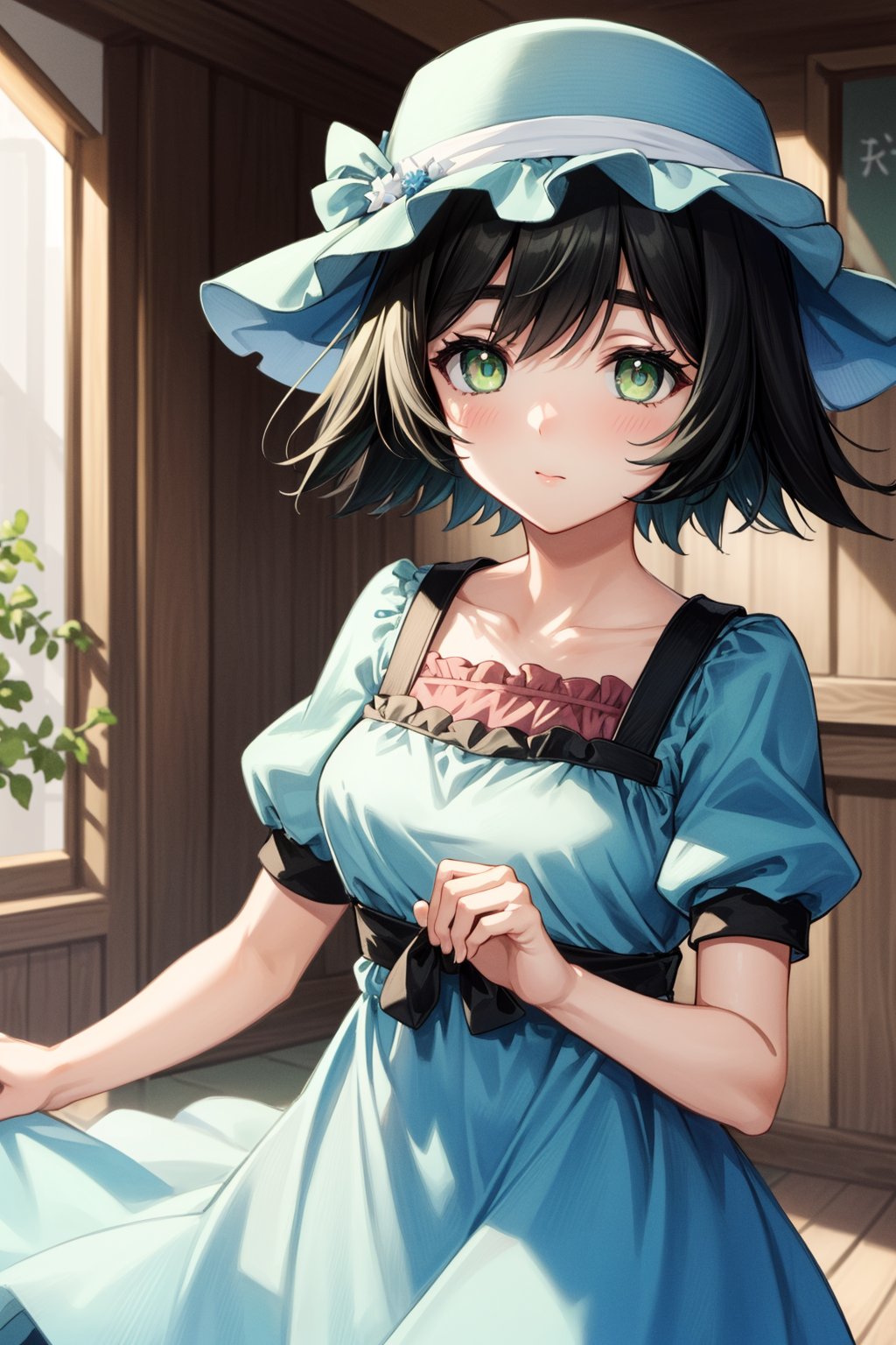 (masterpiece, best quality),  intricate details,
1girl, mayuri shiina, (black hair:1.5), (green eyes:1.5), messy hair, short hair, hat, blue hat,, (blue dress:1.5), collarbone, dress, puffy short sleeves, puffy sleeves, short sleeves,,