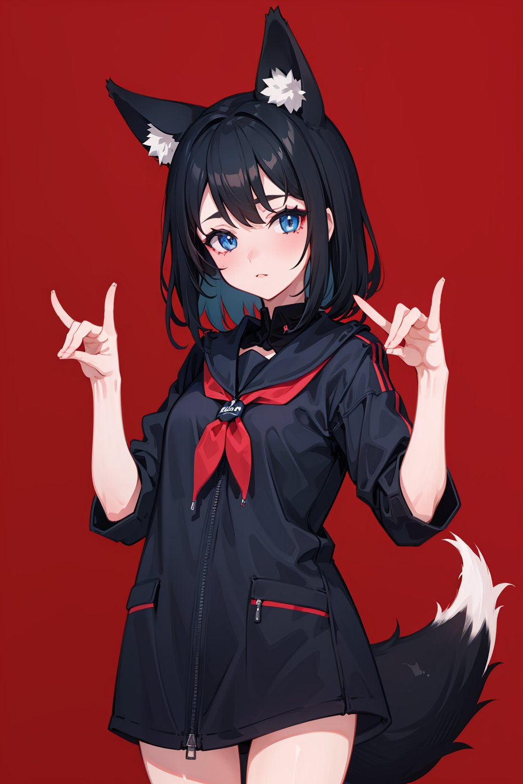 simple background, red background, 1girl, navy blue eyes, black hair, medium hair, cowboy shot, fox shadow puppet, double fox shadow puppet, fox ears