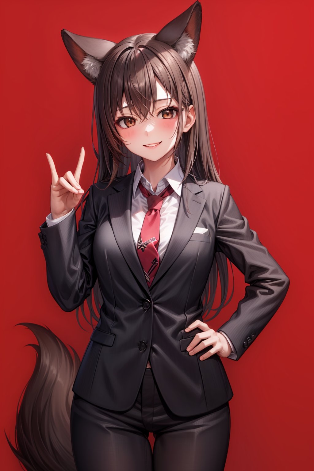 simple background, red background, 1girl, brown eyes, brown hair, long hair, collared_shirt, tie, open_blazer, smile, cowboy shot, fox shadow puppet, single fox shadow puppet, hand on hip, fox ears