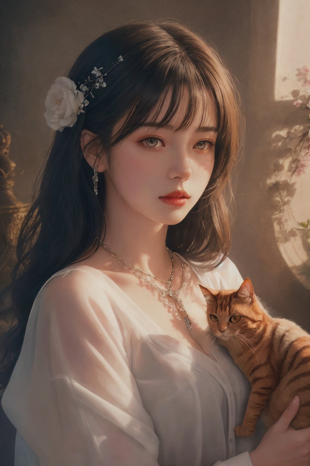  oil painting of a woman (hugan an orange cat), lying, detailed painting inspired by Charlie Bowater, blooming exquisite necklace, 4 k detailed fantasy, white silver painting, her face is a lilac flower, dreamland, watercolor, Sky Fantasy, light master