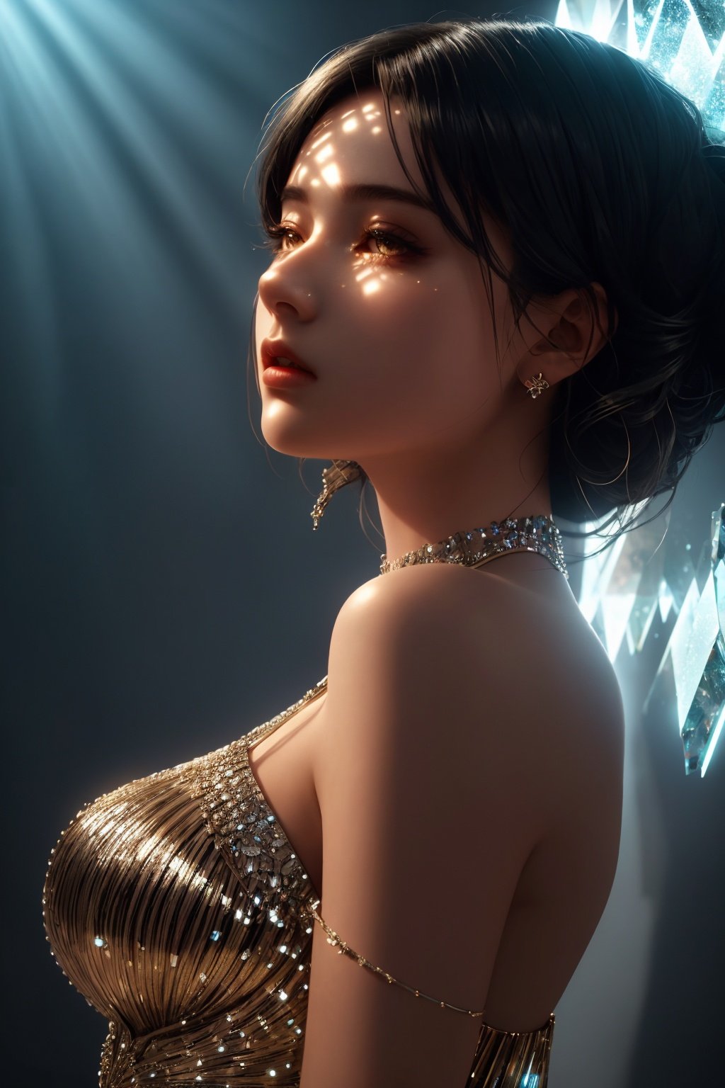  cinematic, fashion photo of a beautiful girl in the style of neomorphism, the transformation of minerals into polymorphs, glowing crystals, hyper detailed, photorealistic, detailed glow, ambient occlusion, side light,light on the face, shadow, light master, Sky Fantasy, light master