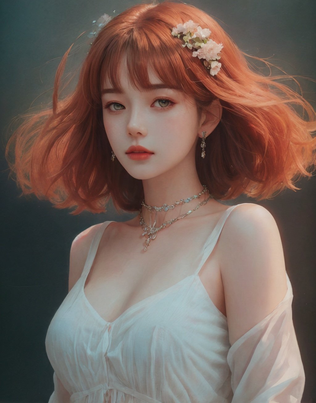  oil painting of a woman (hugan an orange cat), lying, detailed painting inspired by Charlie Bowater, blooming exquisite necklace, 4 k detailed fantasy, white silver painting, her face is a lilac flower, dreamland, watercolor, Sky Fantasy, light master