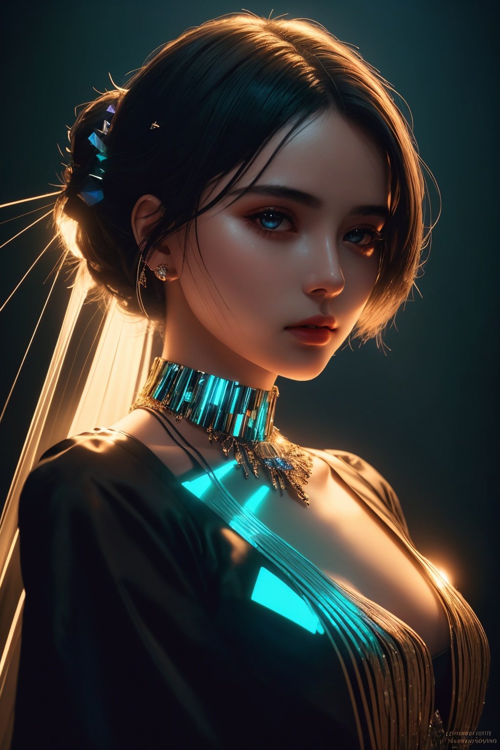  cinematic, fashion photo of a beautiful girl in the style of neomorphism, the transformation of minerals into polymorphs, glowing crystals, hyper detailed, photorealistic, detailed glow, ambient occlusion, side light,light on the face, shadow, light master, Sky Fantasy, light master