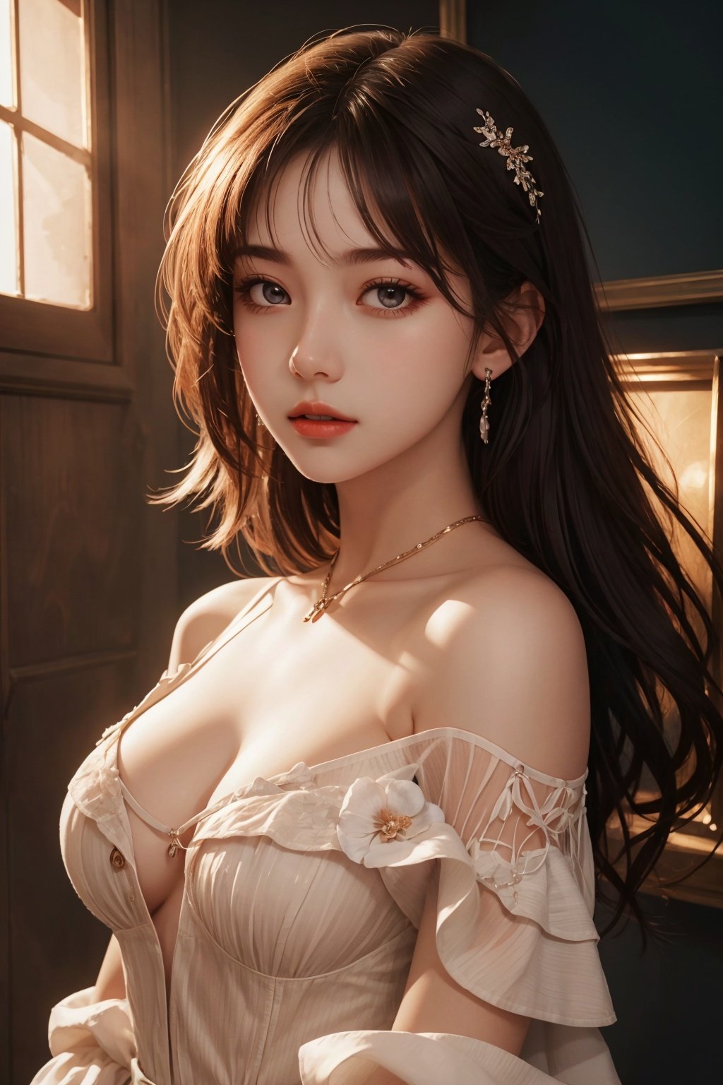  Beauty,best quality,super detail,fine detail,high resolution,8K wallpaper,perfect dynamic composition,beautiful detailed eye,suit,off-shoulder,cleavage, light master