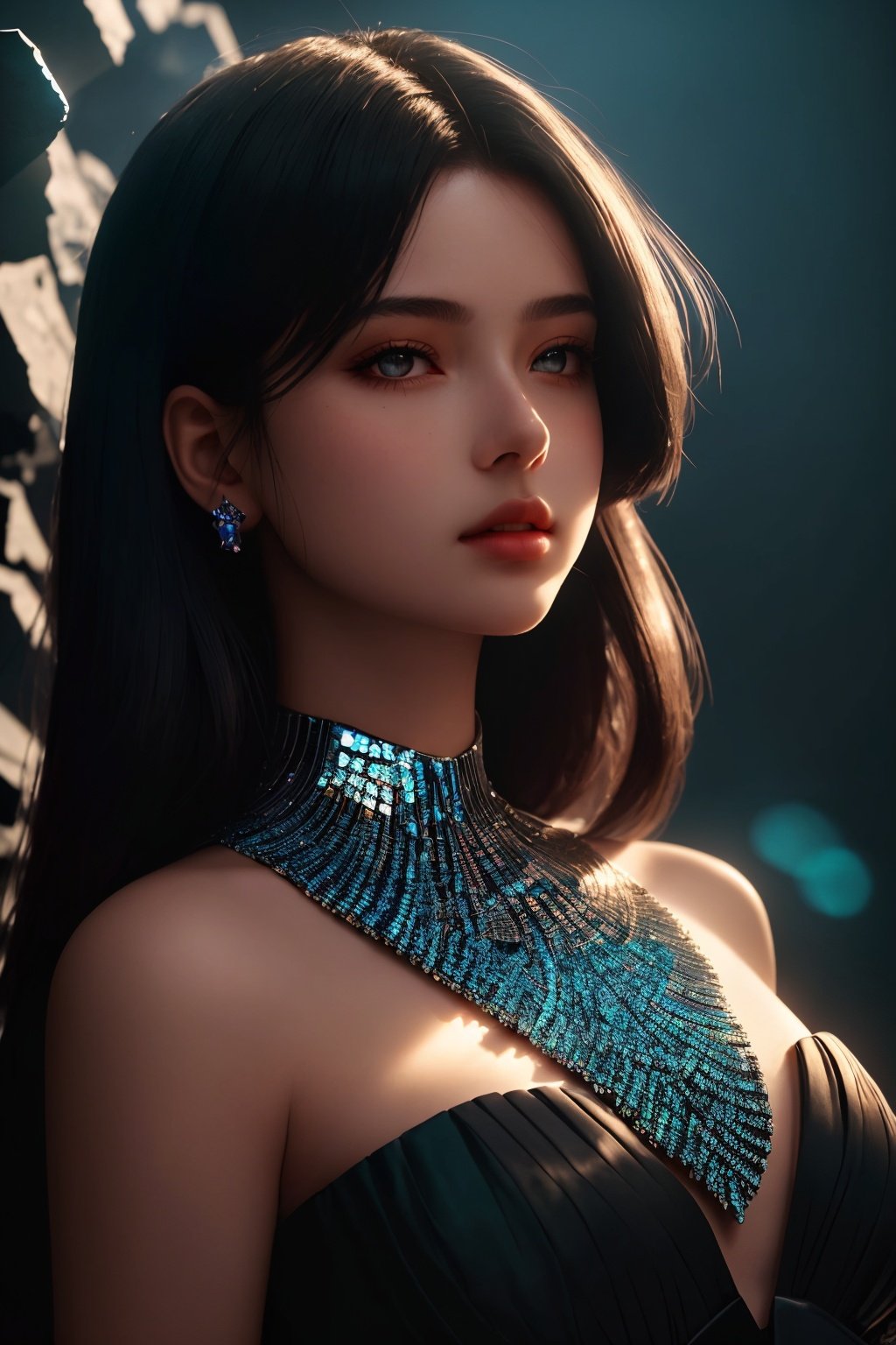  cinematic, fashion photo of a beautiful girl in the style of neomorphism, the transformation of minerals into polymorphs, glowing crystals, hyper detailed, photorealistic, detailed glow, ambient occlusion,silhouette light, shadow, Sky Fantasy, light master