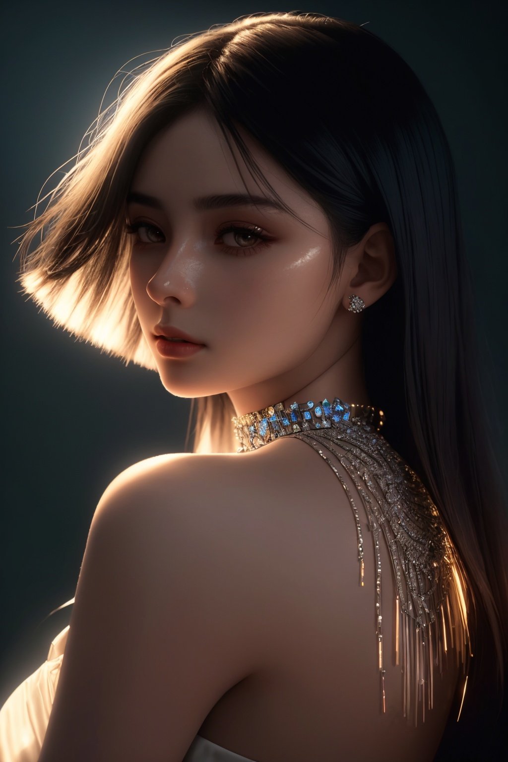  cinematic, fashion photo of a beautiful girl in the style of neomorphism, the transformation of minerals into polymorphs, glowing crystals, hyper detailed, photorealistic, detailed glow, ambient occlusion, side light,light on the face, shadow, light master, Sky Fantasy, light master