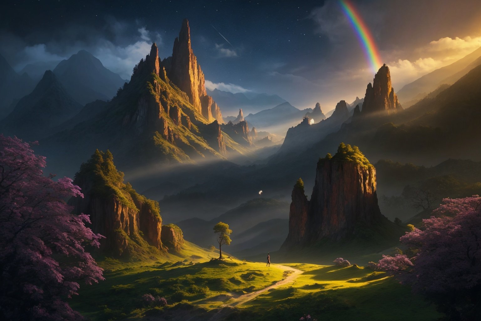  ((best quality, masterpiece)), imaginary world, sparkles, twinkling stars, rainbows, purple sky, magnificent fantasy landscape, vivid colors, (dream art:1.3), 
, light master