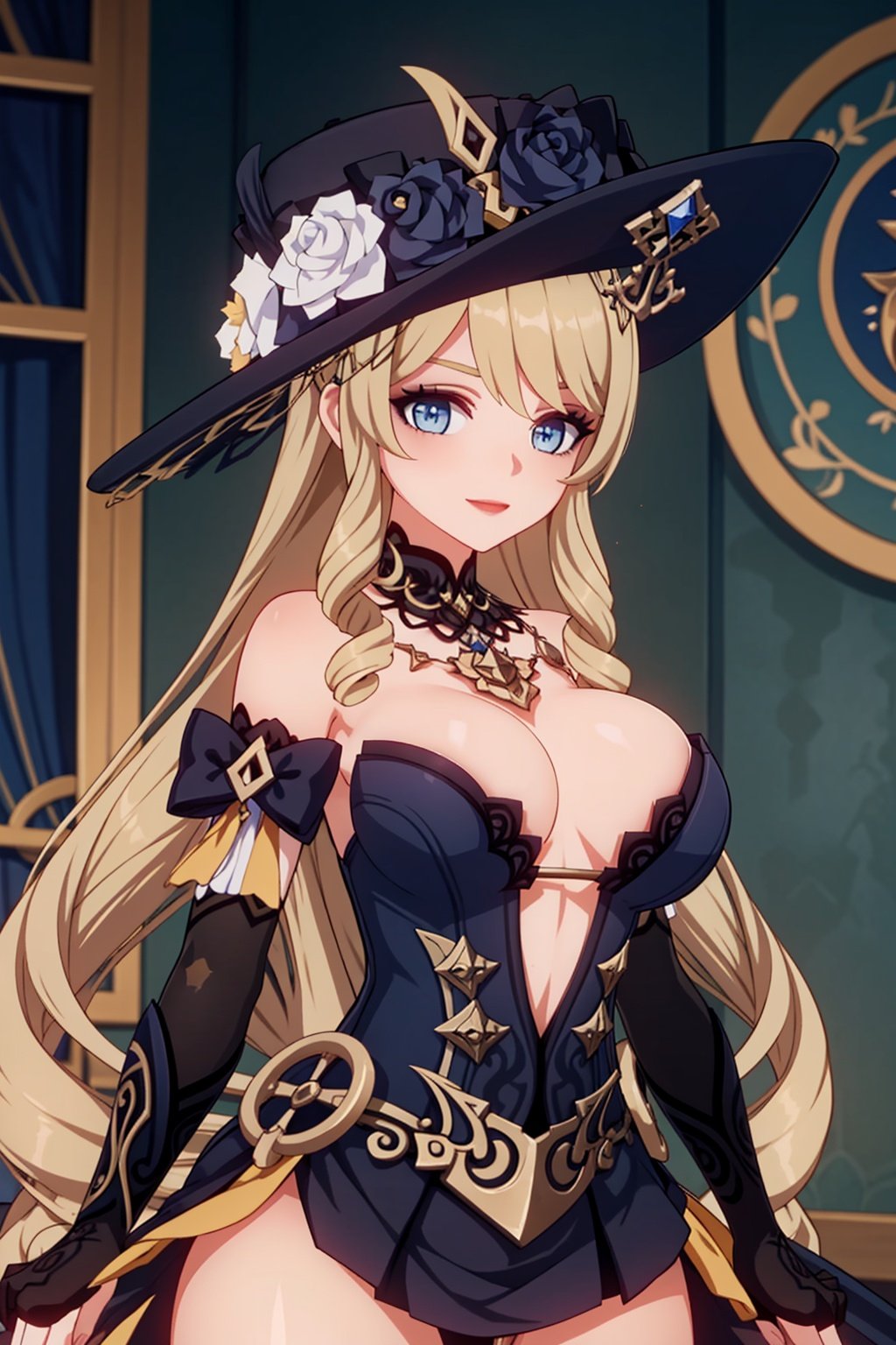  Anime, fantasy, magic, fairy tales, women,masterpiece, Big breasts, big tits,best quality, Navia \(genshin impact\), 1girl, hat, blue eyes, long hair, solo, dress, looking at viewer, blonde hair, witch hat, bangs, flower, drill hair, smile, hat flower, gold rudder shape decoration at the waist, dark red lipstick and eyeshadow,four-pointed star in eye ,long_hair