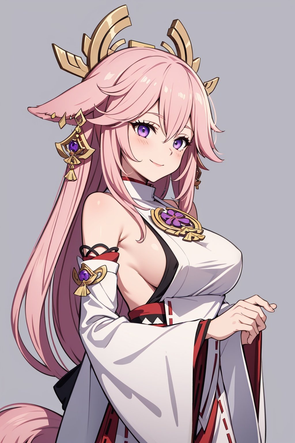   Anime, fantasy, magic, fairy tales, women,masterpiece, best quality, ,1girl,yae miko, pinke hair,long hair,fox ears, hair ornament, earrings, purple eyes,bare shoulders, detached sleeves,wide sleeves, jewelry,sideboob,japanese clothes, grey background, smile,