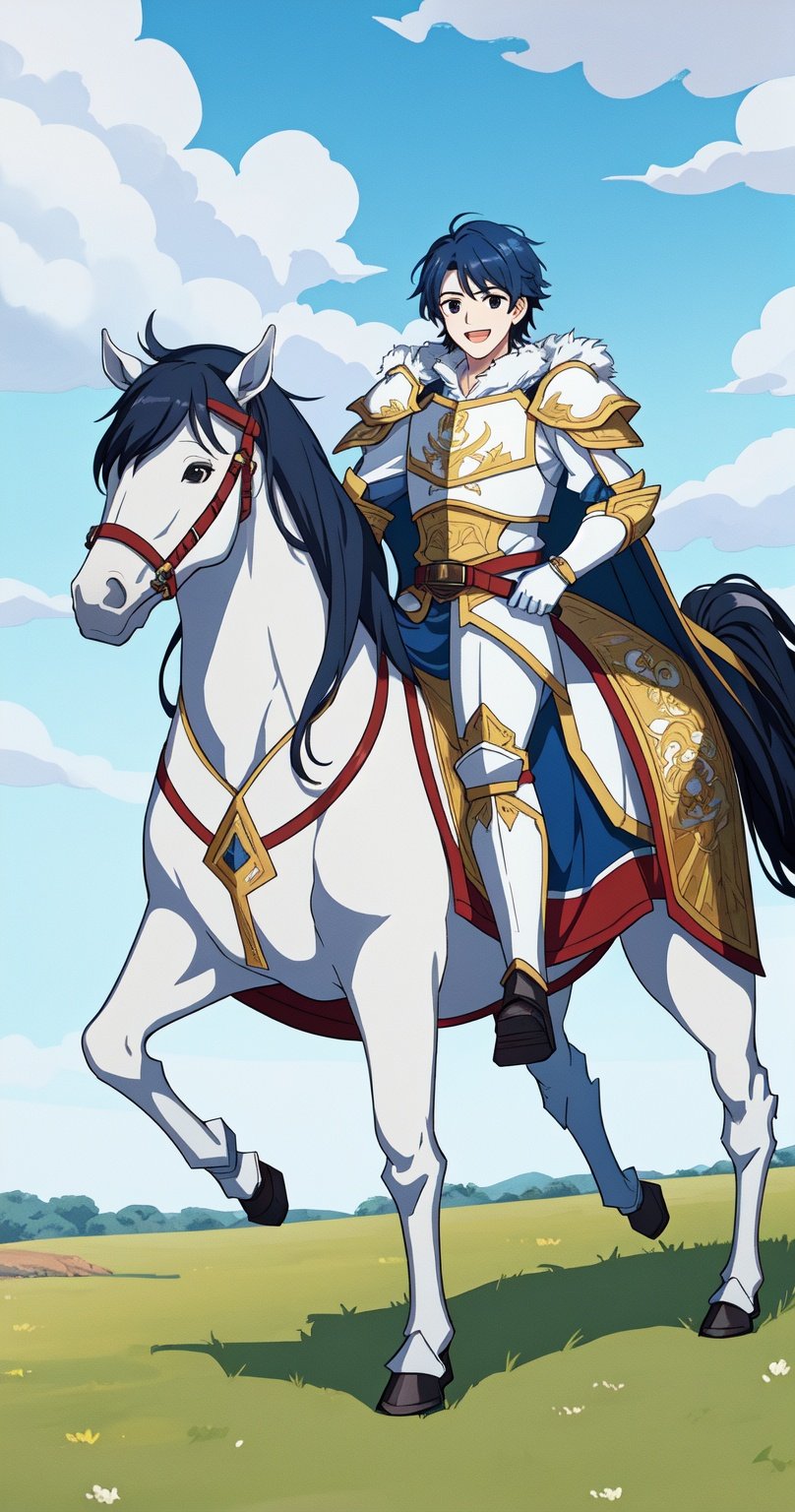  Anime, fantasy, magic, fairy tales,  (Full body portrait:1:1),solo,1boy,(white armor:1.1),( white armor full body:1.1)(((hair:short_hair_with_long_locks))),black eyes,(blue hair:1.1),white_cape, white_fur_shawl,White horse,Gold inlaid shoulder rim,(((The galloping steed))), white mechpp, white machinery,White armor,White armor,The wind was blowing,White chest armor,White leg armour,White leg armour,White waist support,(horse pattern is on the armour:1.2),(armour looks like the horse),boy is very happy,morning,on the savannah,(savannah
:1.1). , divine beast, dahuangdongjing