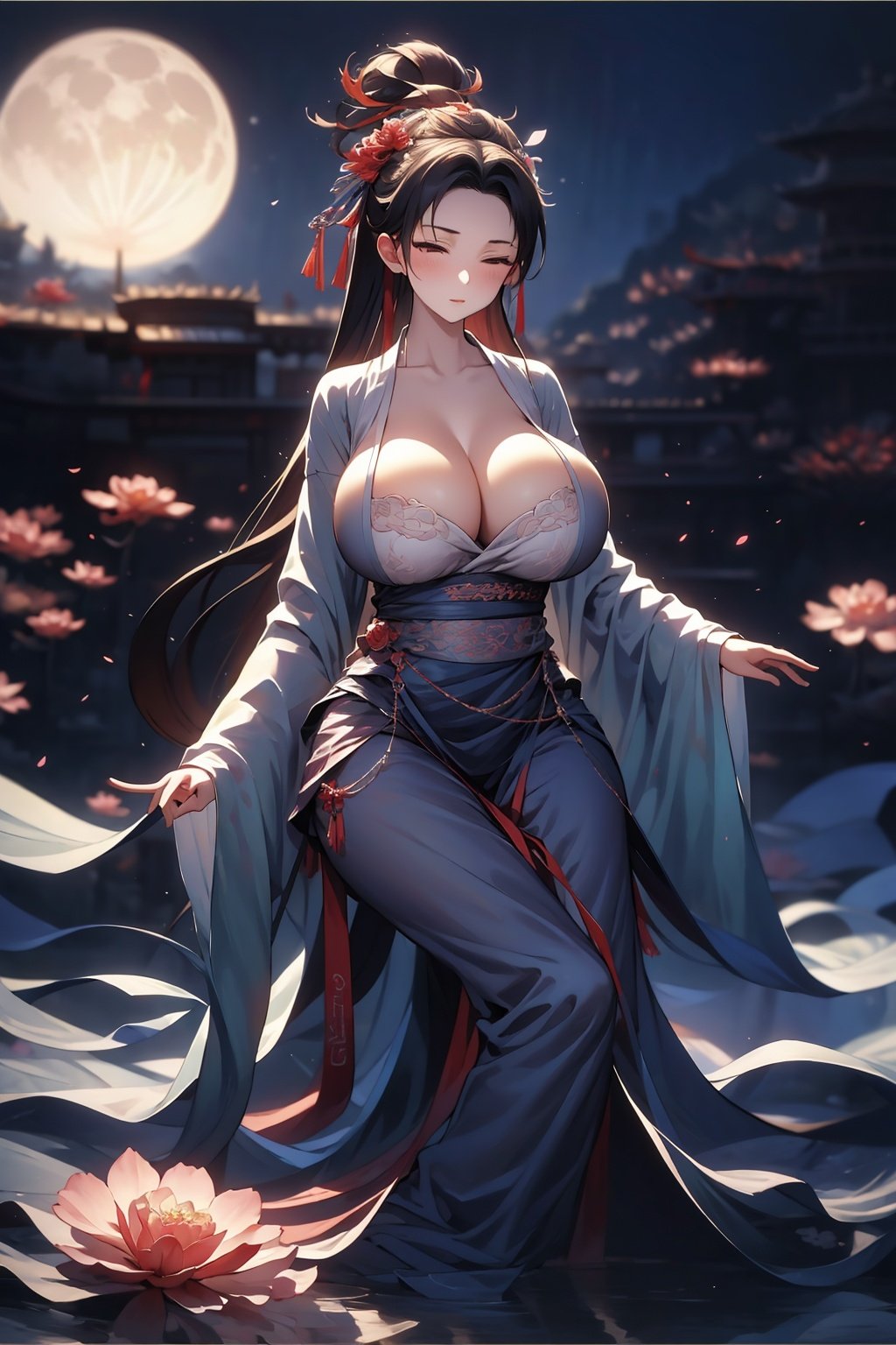  masterpiece,best quality,extremely detailed 8K wallpaper,1girl,chang,long sleeves,huge breasts,((moon)),starry sky,(lighting particle),fog,snow,(bloom), qingsha