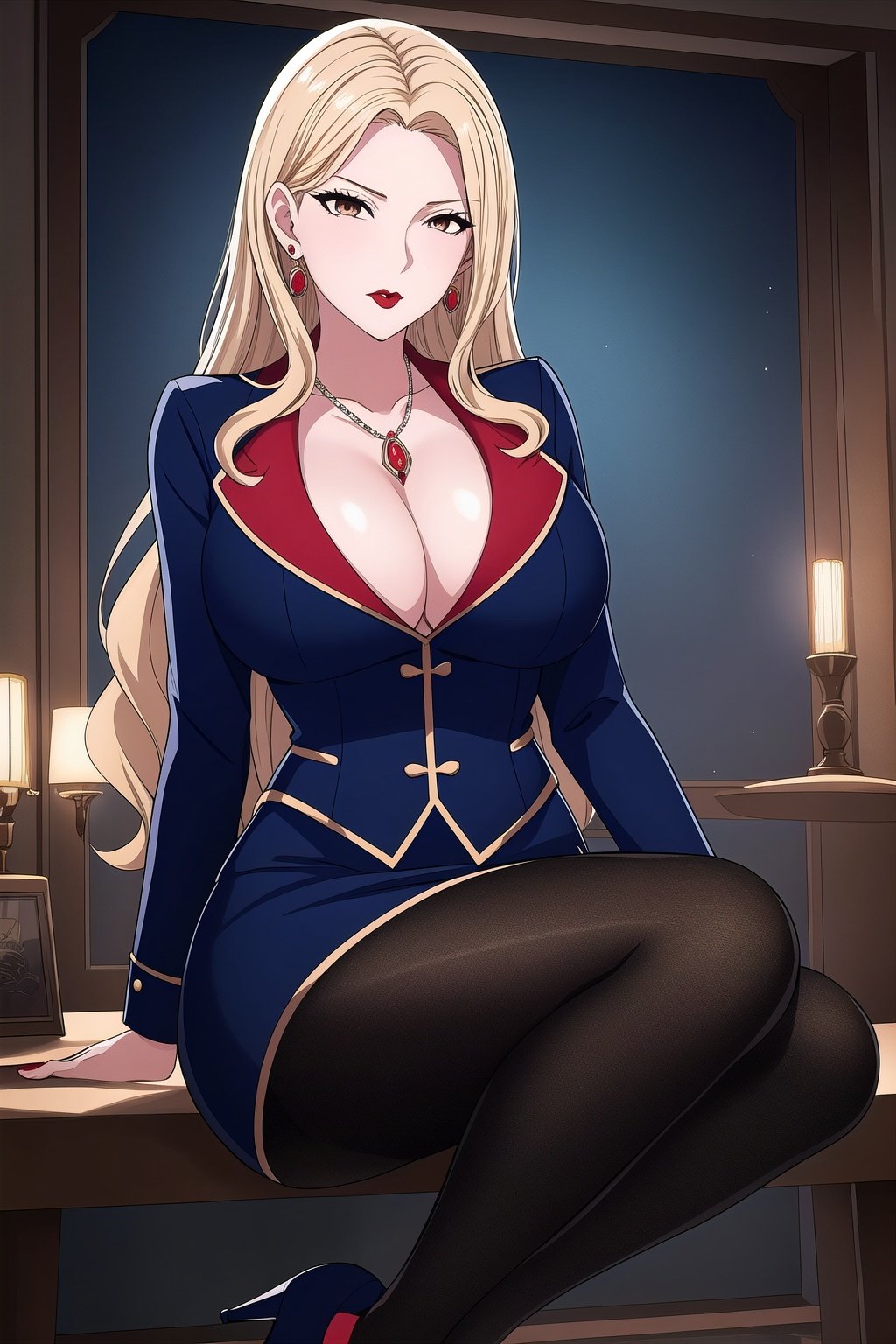  Anime, fantasy, magic, fairy tales,Sneer, women,MadamePresident_bluesuit_aiwaifu, MadamePresident_bluesuit_aiwaifu,long hair,blonde hair,jewelry,cleavage,pencil skirt,skirt,large breasts,pantyhose,earrings,formal,jacket,lipstick,necklace,makeup,miniskirt,skirt suit,suit,high heels,nail polish,red lips,wavy hair,black skirt,blue jacket,brown eyes,hair over one eye,long sleeves,open clothes,shirt," masterpiece,best quality,ultra detailed, 8k, 4k,highly detailed, scenery,pose,solo,,MadamePresident_redbodysuit_aiwaifu,meiren, ,