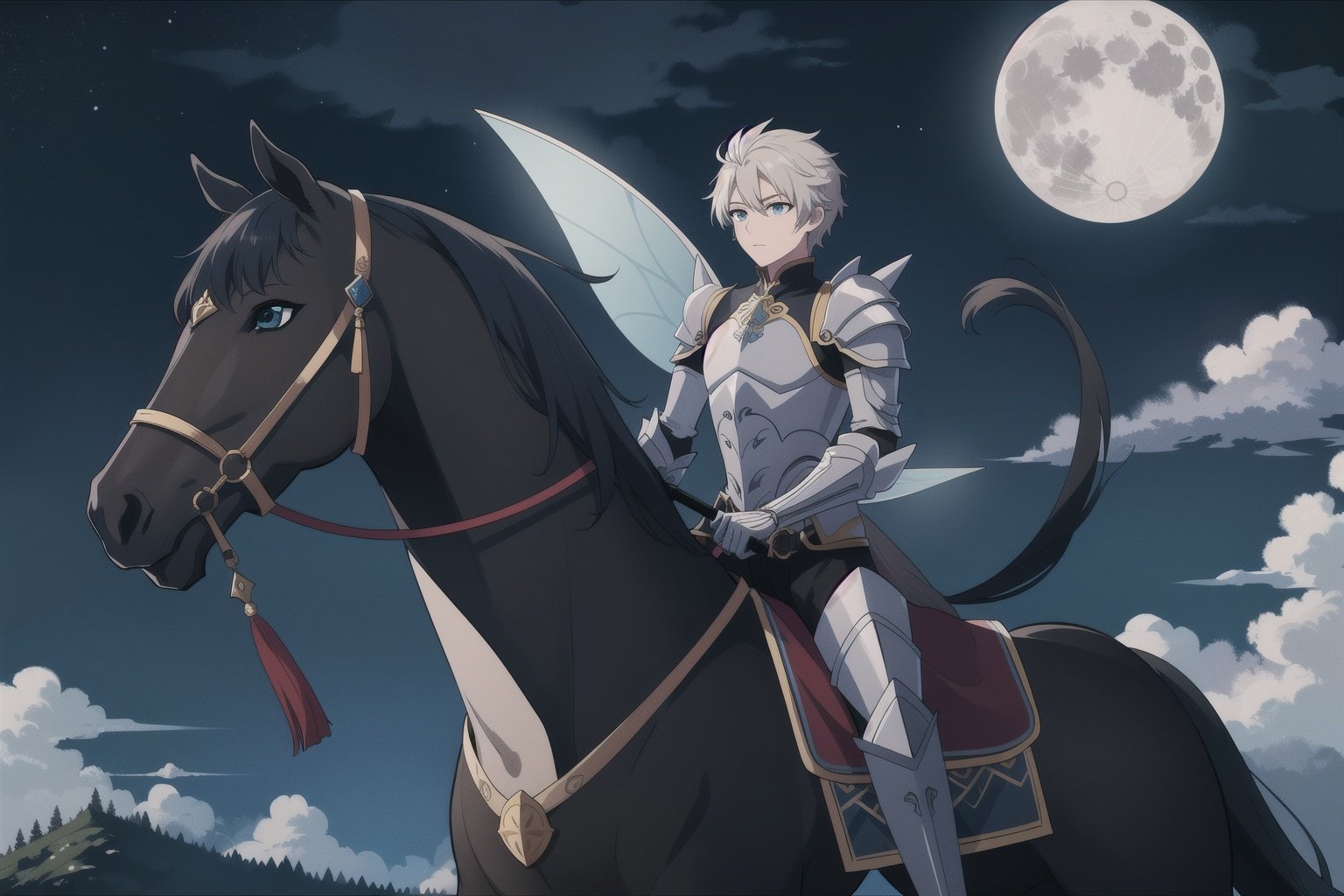  Anime, fantasy, magic, fairy tales, masterpiece, 1boy,headless,horse,riding,solo,horseback riding,spikes,male focus,weapon,full moon,night,sky,cloud,skeleton,shoulder armor,greaves,green light, fangao,