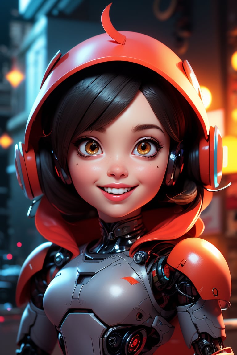 (playful,  robot,  cyborg style,  cartoon,  girl,  cute smile,  outdoor,  3d rendering) (best quality, 4k, 8k, highres, masterpiece:1.2), ultra-detailed, (realistic, photorealistic, photo-realistic:1.37), HDR, UHD, studio lighting, ultra-fine painting, sharp focus, physically-based rendering, extreme detail description, professional, vivid colors, bokeh, portraits, landscape, horror, anime, sci-fi, photography, concept artists, colorful tones, dreamy lighting.