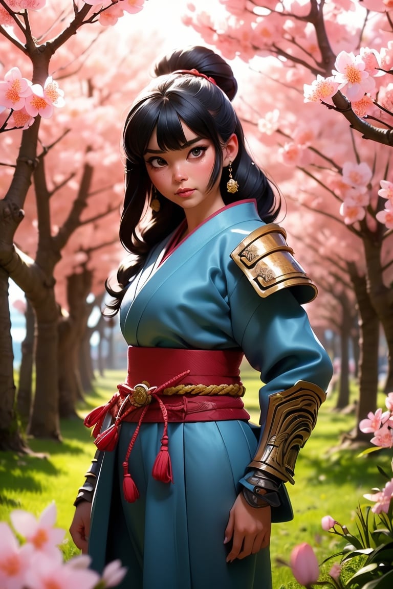 (highres,  realistic), (ancient anthropomorphic samurai:1.1), (ancient samurai armor), (detailed and intricate armor), (serious expression), (sharp eyes,  detailed face), (katana at hand), (traditional Japanese setting), (cherry blossom trees in the background), (soft sunlight filtering through the trees), (vibrant colors), (subtle shadows), (dusty atmosphere)