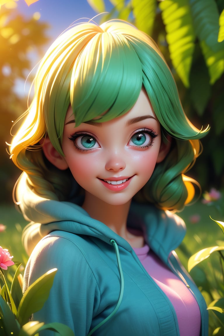 (best quality, 4k, 8k, highres, masterpiece:1.2), ultra-detailed, (realistic, photorealistic, photo-realistic:1.37), playful, cartoon, girl, cute smile, outdoor, 3d rendering, beautiful detailed eyes, beautiful detailed lips, extremely detailed eyes and face, longeyelashes, colourful, soft lighting, summer scenery, green grass, lively atmosphere