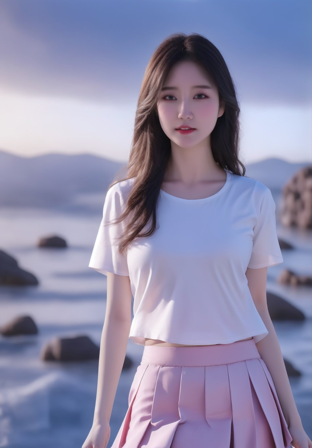 jk, 1girl, solo, long hair, looking at viewer, skirt, shirt, black hair, closed mouth, white shirt, short sleeves, pleated skirt, pink skirt, full body