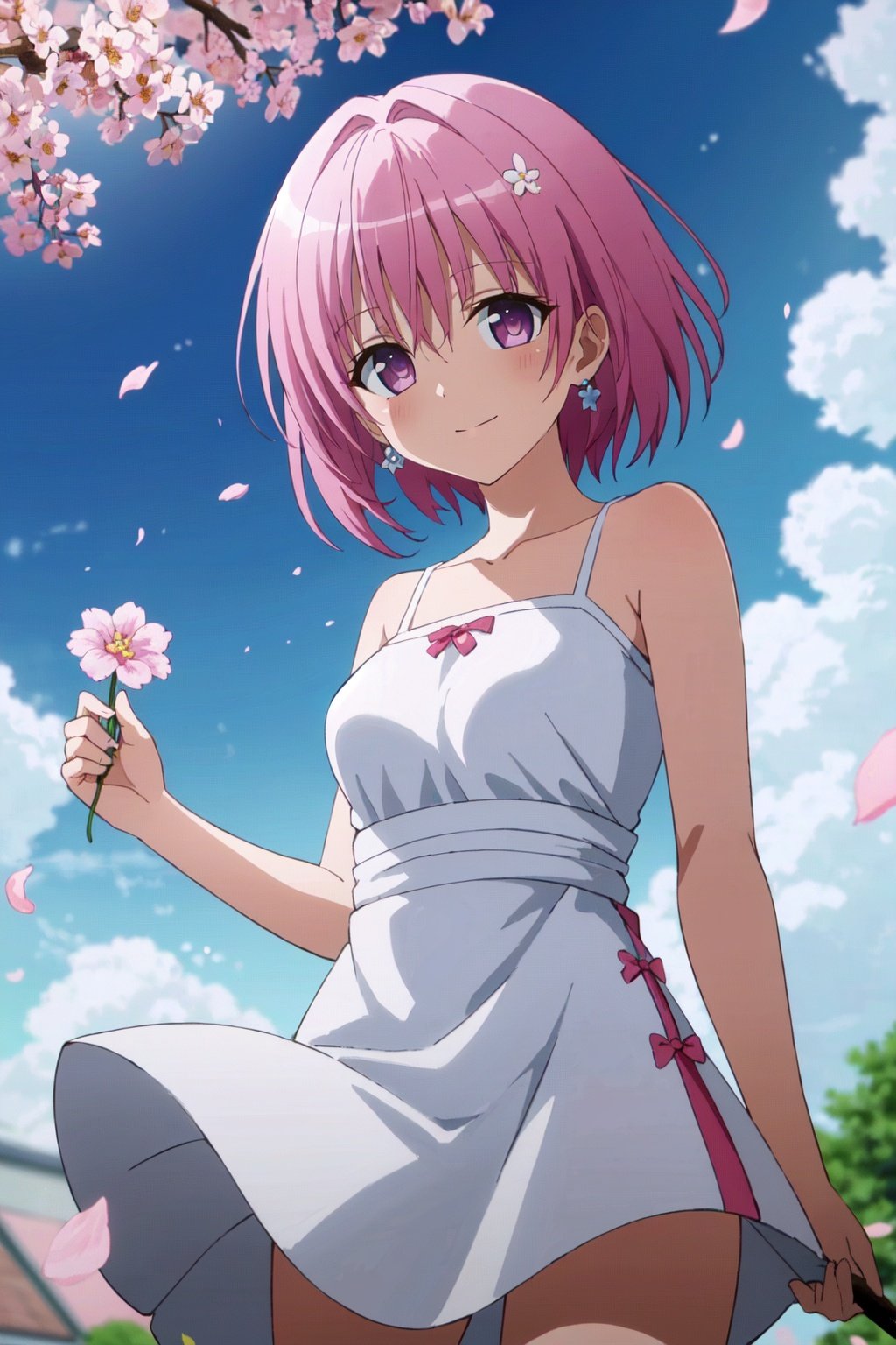 cherry_blossoms, falling_petals, petals, branch, pink_flower, 1girl, blue_sky, spring_\(season\), petals_on_liquid, flower, hanami, dress, pink_hair, solo, day, sky, short_hair, outdoors, cloud, bangs, smile, pink_eyes, white_dress, bare_shoulders, earrings, breasts, holding_flower, wind, tree, looking_at_viewer,cowboy shot, <lora:taotingyuanhdLycoris:0.3:lbw=NF>,<lora:tulovehdLycoris:0.6>,