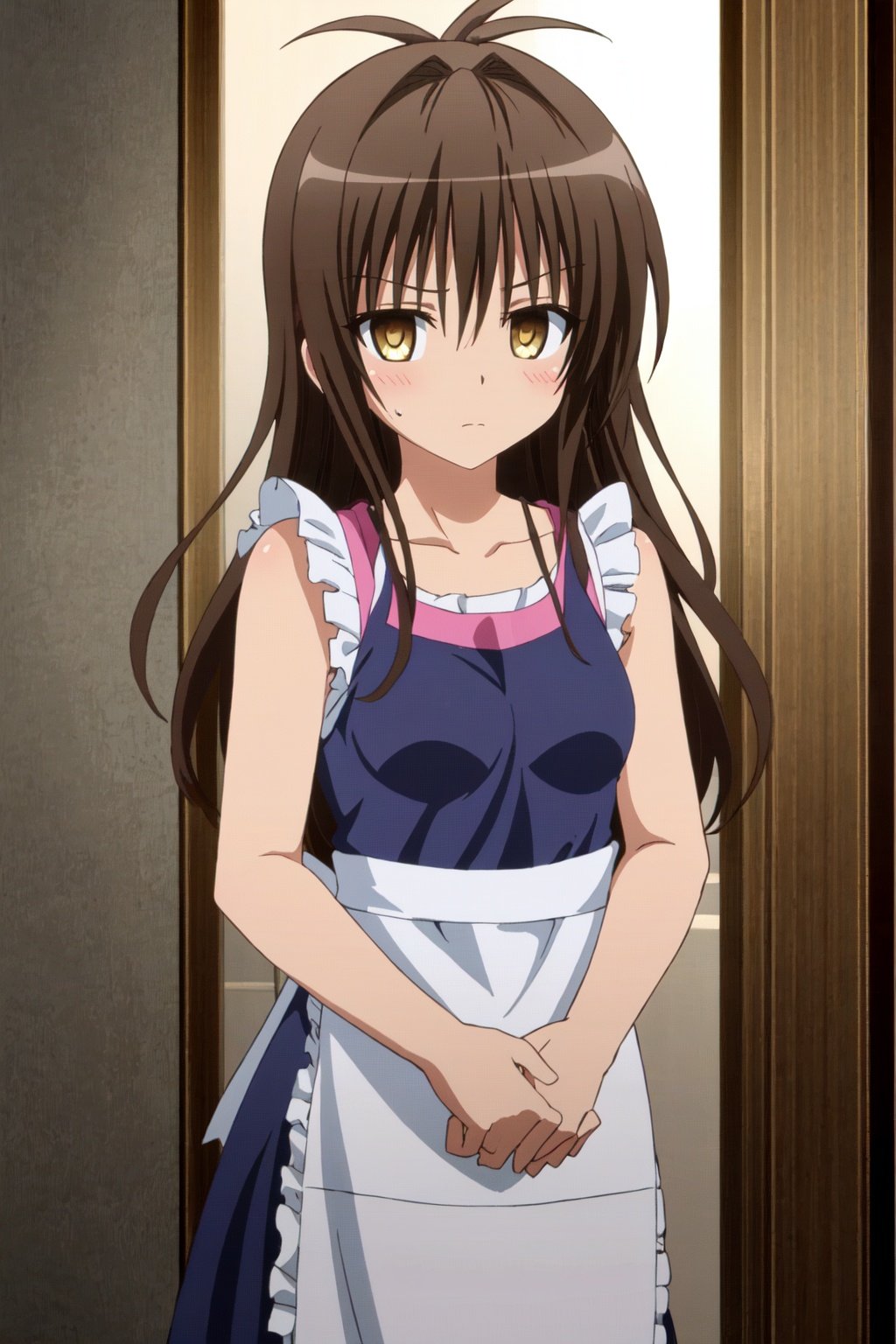 1girl, solo, long hair, brown hair, yellow eyes, yuuki mikan, blush, sweatdrop, collarbone, anime coloring, apron<lora:taotingyuanhdLycoris:0.3:lbw=NF>,<lora:tulovehdLycoris:0.6>,