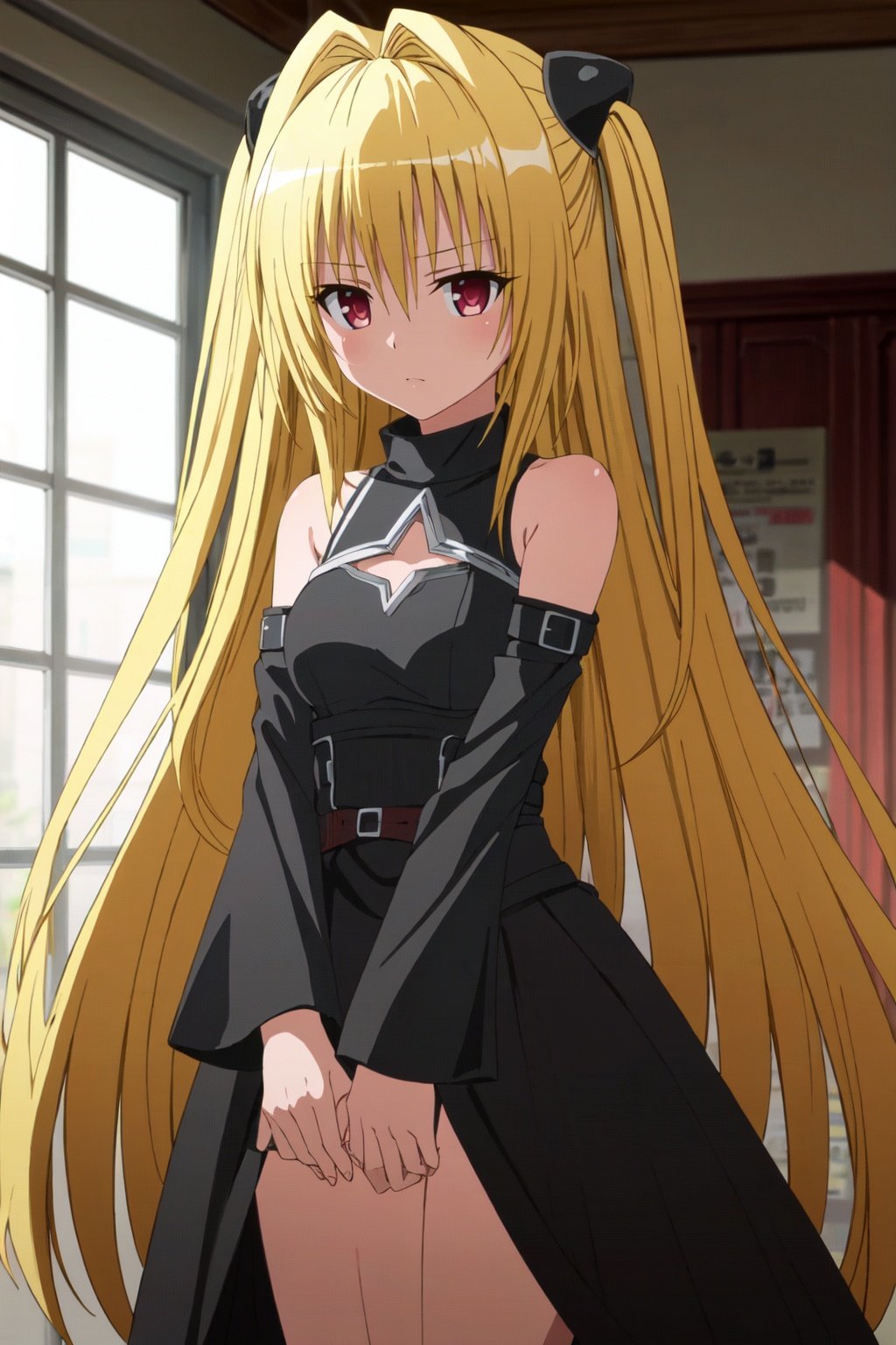 konjiki no yami, blonde hair, 1girl, long hair, red eyes, very long hair, 1boy, detached sleeves, hair ornament, bare shoulders, hair intakes<lora:taotingyuanhdLycoris:0.3:lbw=NF>,<lora:tulovehdLycoris:0.6>,