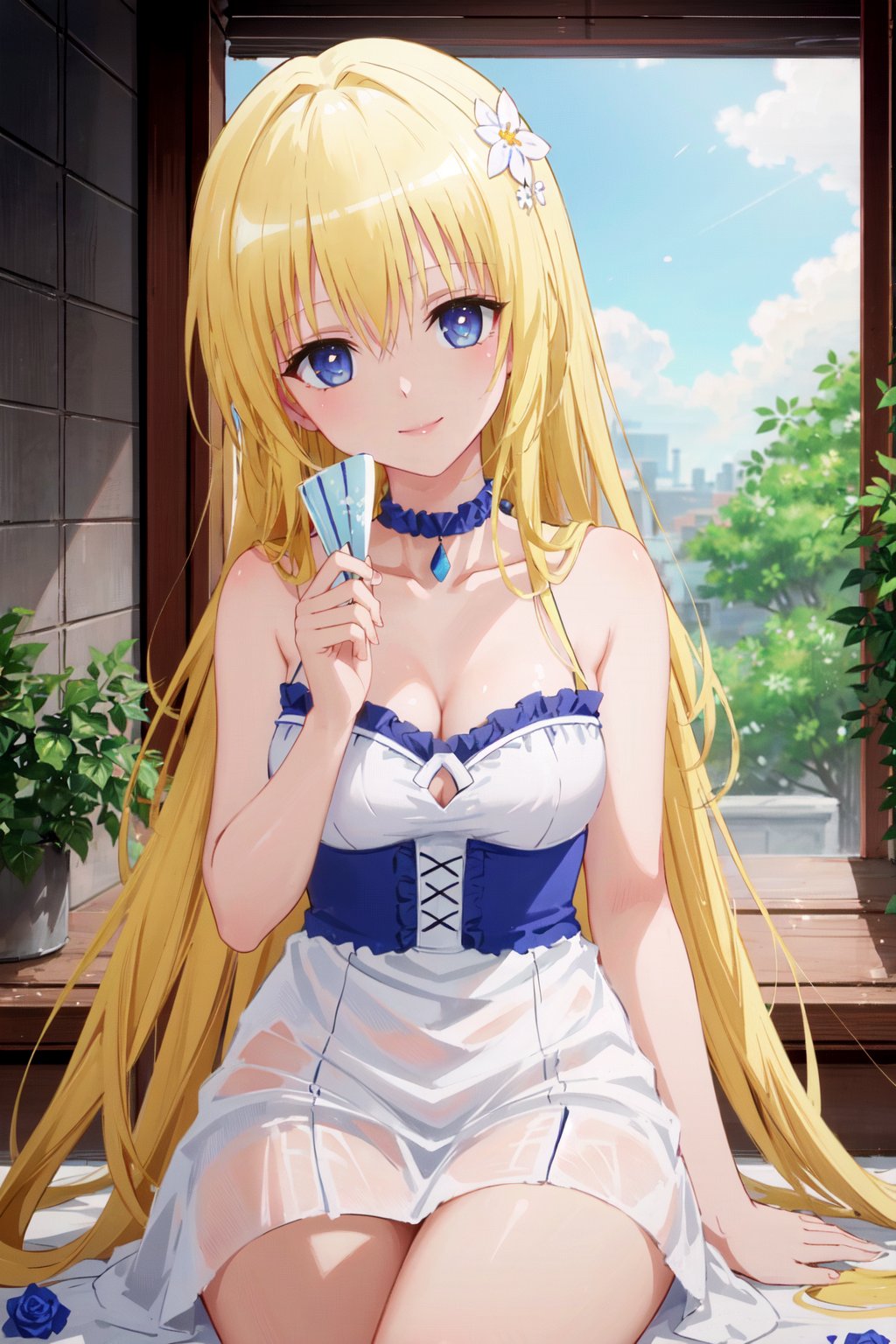 1girl, blonde hair, solo, flower, hair flower, hair ornament, dress, long hair, smile, blue eyes, sitting, white dress, looking at viewer, blue flower, bangs, rose, choker, breasts, closed mouth, hand fan, bare shoulders, head tilt, blue rose, medium breasts, blue choker, very long hair,