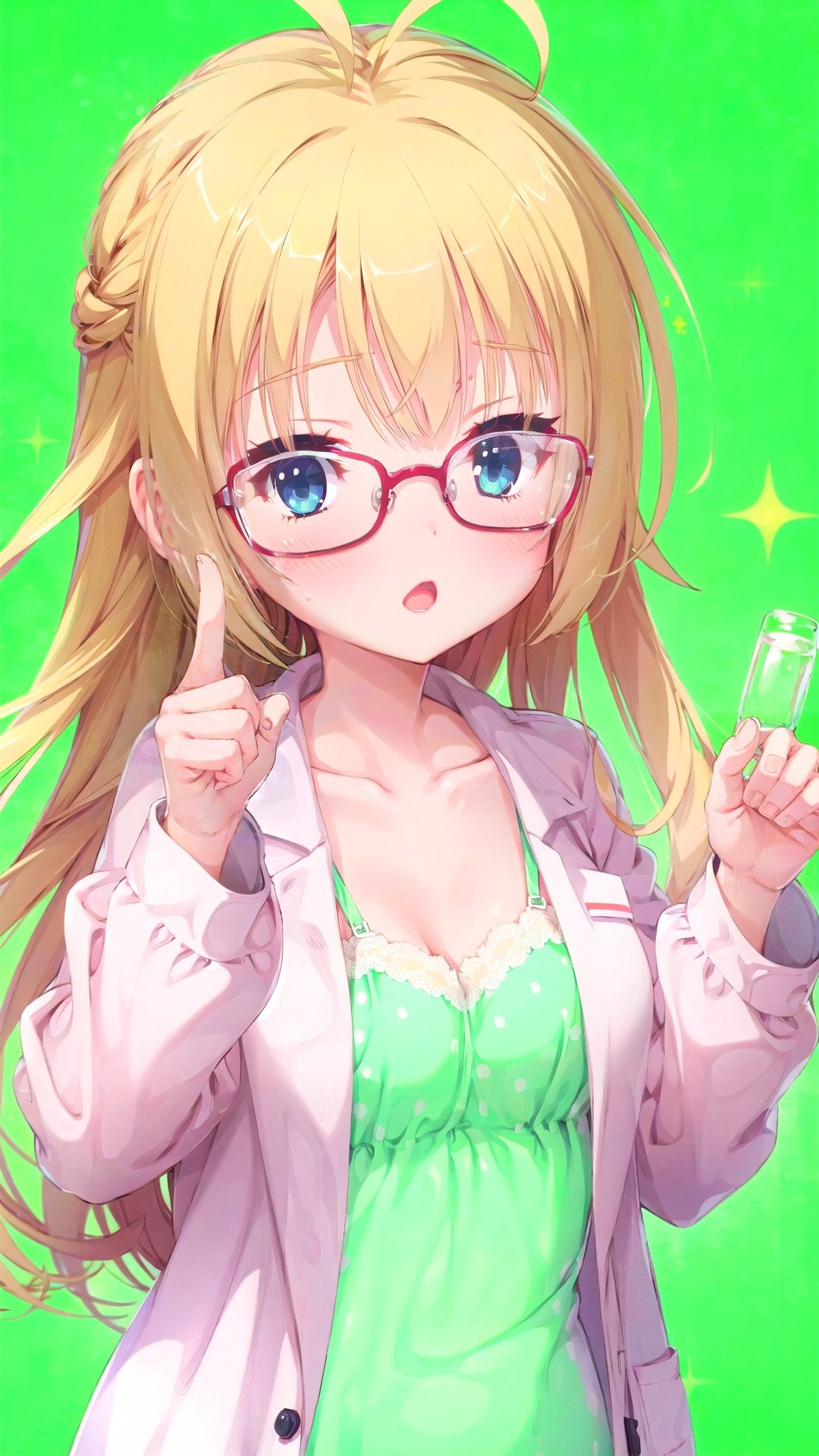  1girl, blonde hair, solo, glasses, long hair, blue eyes, labcoat, holding, bottle, open mouth, looking at viewer, ahoge, collarbone, red-framed eyewear, upper body, polka dot, bangs, pointing, blush, polka dot background, long sleeves, camisole, shiny, :o, sparkle, green shirt, pointing at viewer