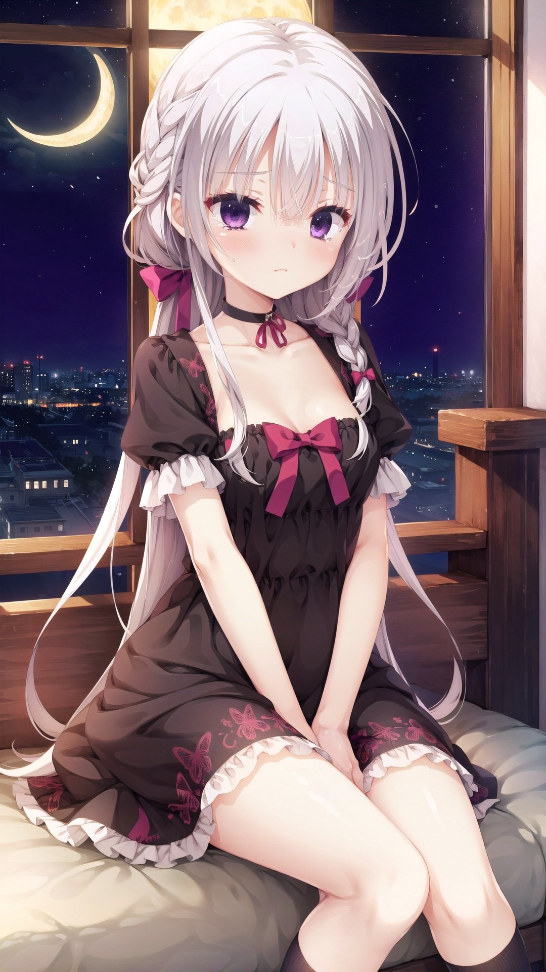  1girl, solo, purple eyes, sitting, long hair, moon, dress, short sleeves, night, braid, looking at viewer, crescent moon, bangs, white hair, socks, hair between eyes, choker, frilled dress, very long hair, frills, kneehighs, closed mouth, blush, black socks, puffy sleeves, bug, tears, puffy short sleeves, butterfly, window, black dress, sky, between legs, night sky, hand between legs, feet out of frame, french braid, sidelocks, collarbone, black choker, bow, indoors