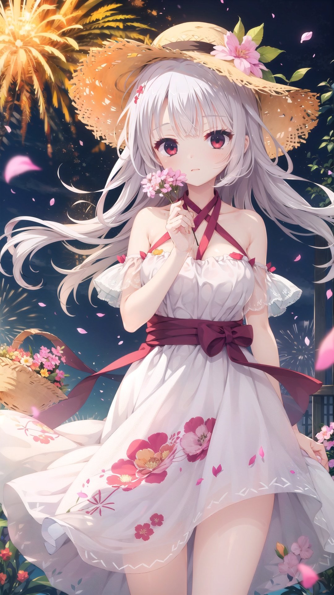 1girl, ,red eyes,white hair , looking at viewer, flowers, petals,breasts, smelling flowers, spring, floating, wind, (hair on face), long hair, cowboy shot, blurry, shadow, warm, slightly curly hair, straw hat, flower basket, (fireworks), night, floral print, halter dress, leaves,