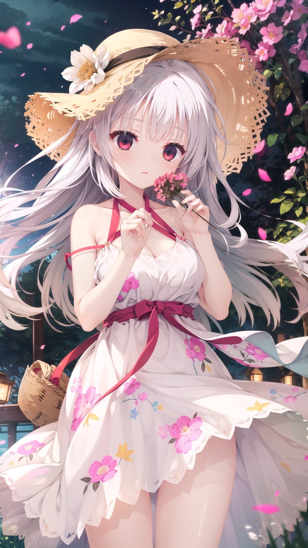 1girl, ,red eyes,white hair , looking at viewer, flowers, petals,breasts, smelling flowers, spring, floating, wind, (hair on face), long hair, cowboy shot, blurry, shadow, warm, slightly curly hair, straw hat, flower basket, (fireworks), night, floral print, halter dress, leaves,