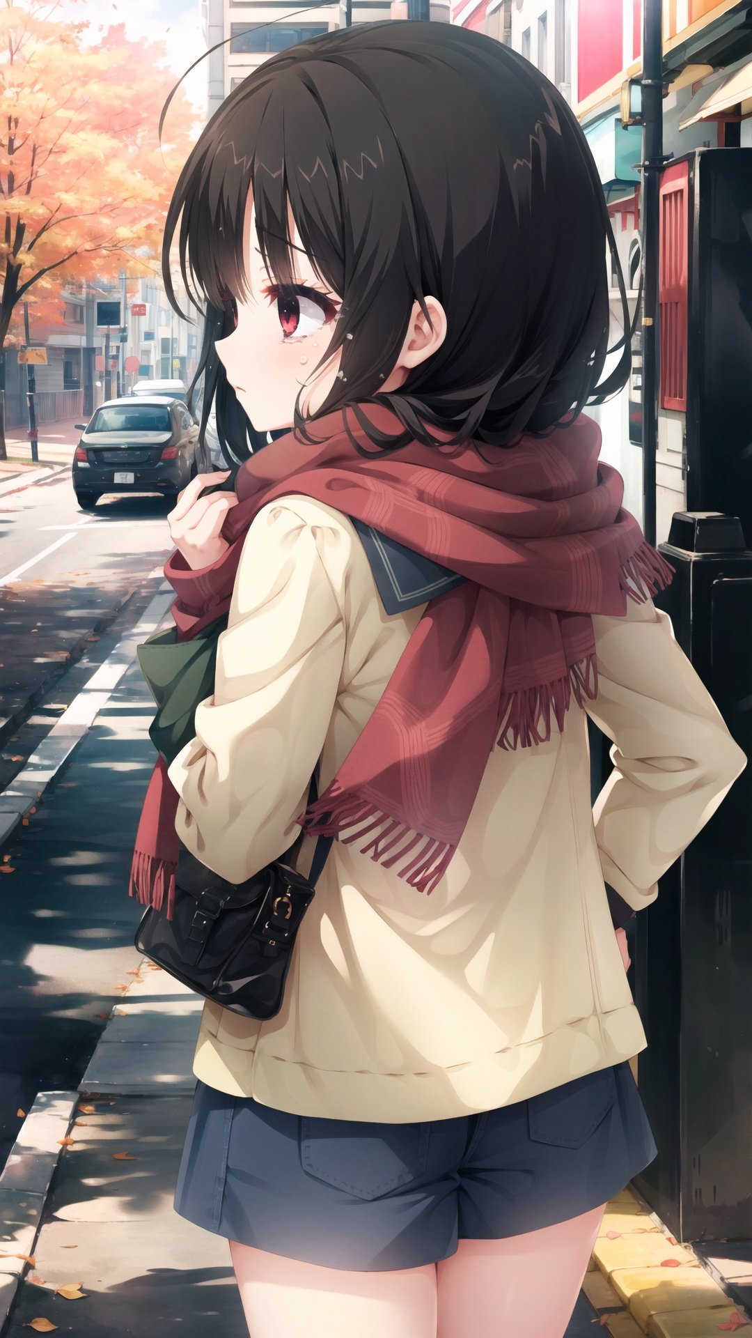  1Girl,serafuku, Red eyes,child,Black hair,Style-Autumn,back focus,street,traffic light,Red checked scarf,sad,cry,