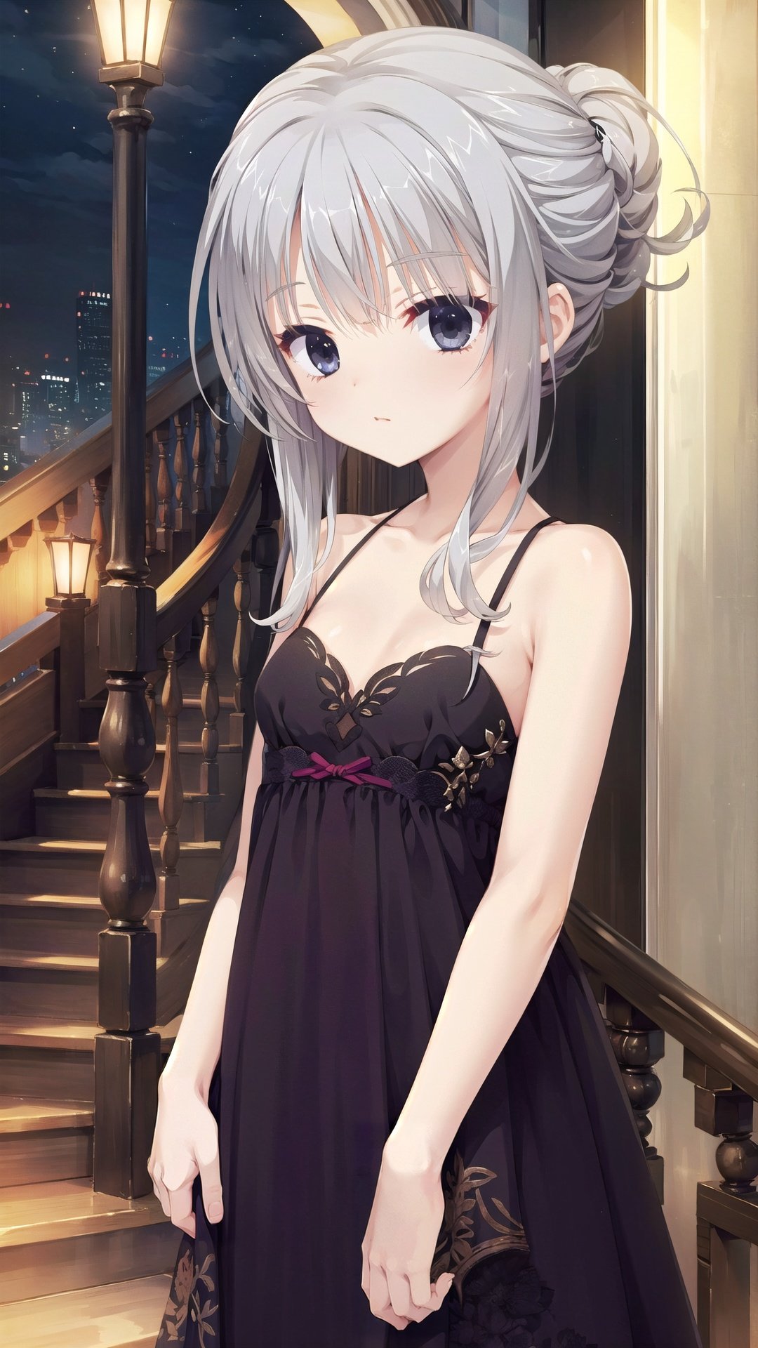 best quality, masterpiece,,(solo),(close up),,a little girl,10 years old,bright silvery hair,(long hair),gray eyes,floating hair,,night gown,(black gown:1.4),bare shoulders, updo,,in palace,hall,stair railing,