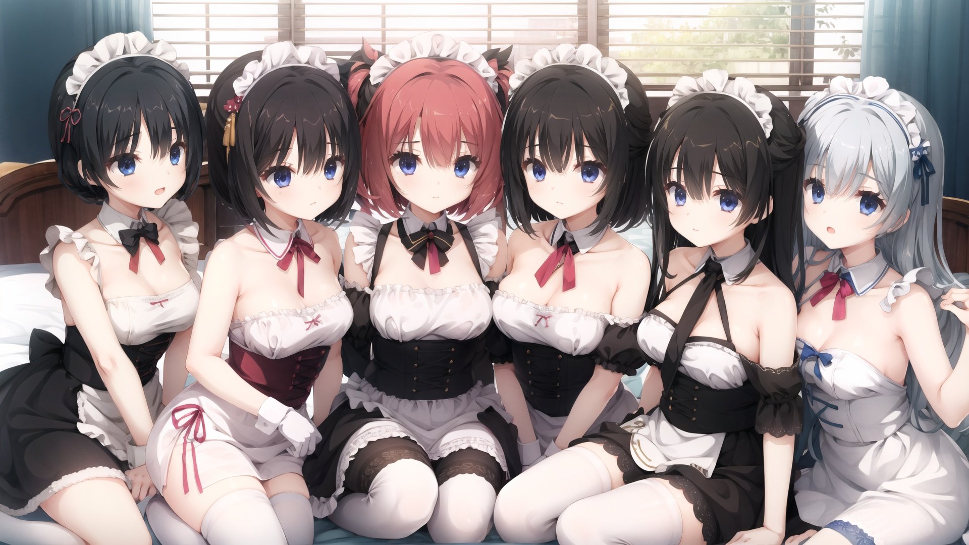 Six girls, all in maid costumes lying on the bed, white stockings,detached collar,bare shoulders,