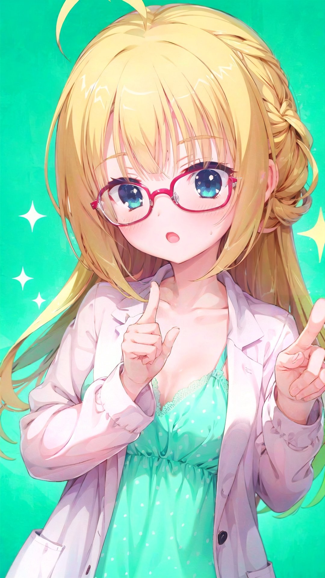  1girl, blonde hair, solo, glasses, long hair, blue eyes, labcoat, holding, bottle, open mouth, looking at viewer, ahoge, collarbone, red-framed eyewear, upper body, polka dot, bangs, pointing, blush, polka dot background, long sleeves, camisole, shiny, :o, sparkle, green shirt, pointing at viewer