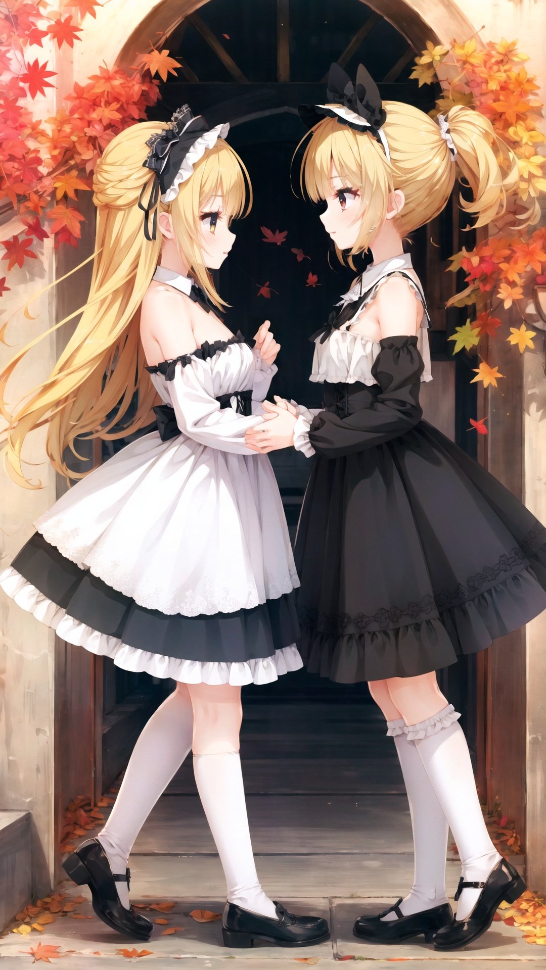 2 girls looking at each other,full body,(loli:1.2),blonde hair,white legwear,autumn, falling leaves,standing on one leg,(from side:1.1), detached collar,bare shoulders,lolita fashion, gothic lolita, church,