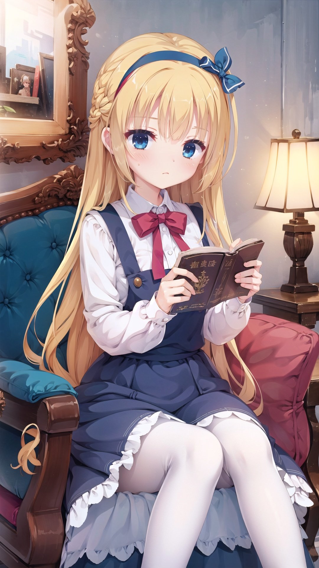 alice margatroid,1girl,solo,long hair,blonde hair,white pantyhose,sitting,hairband,looking at viewer,pantyhose,red hairband,indoors,dress,shirt,frills,long sleeves,bangs,book,white shirt,blush,flower,very long hair,lamp,bow,blue eyes,feet out of frame,blue dress,ribbon,blue bow,holding,chair,skirt,bowtie,blue skirt,neck ribbon,puffy sleeves,closed mouth,picture frame,painting (object),couch,collared shirt,cup,frilled dress,picture (object),pinafore dress,